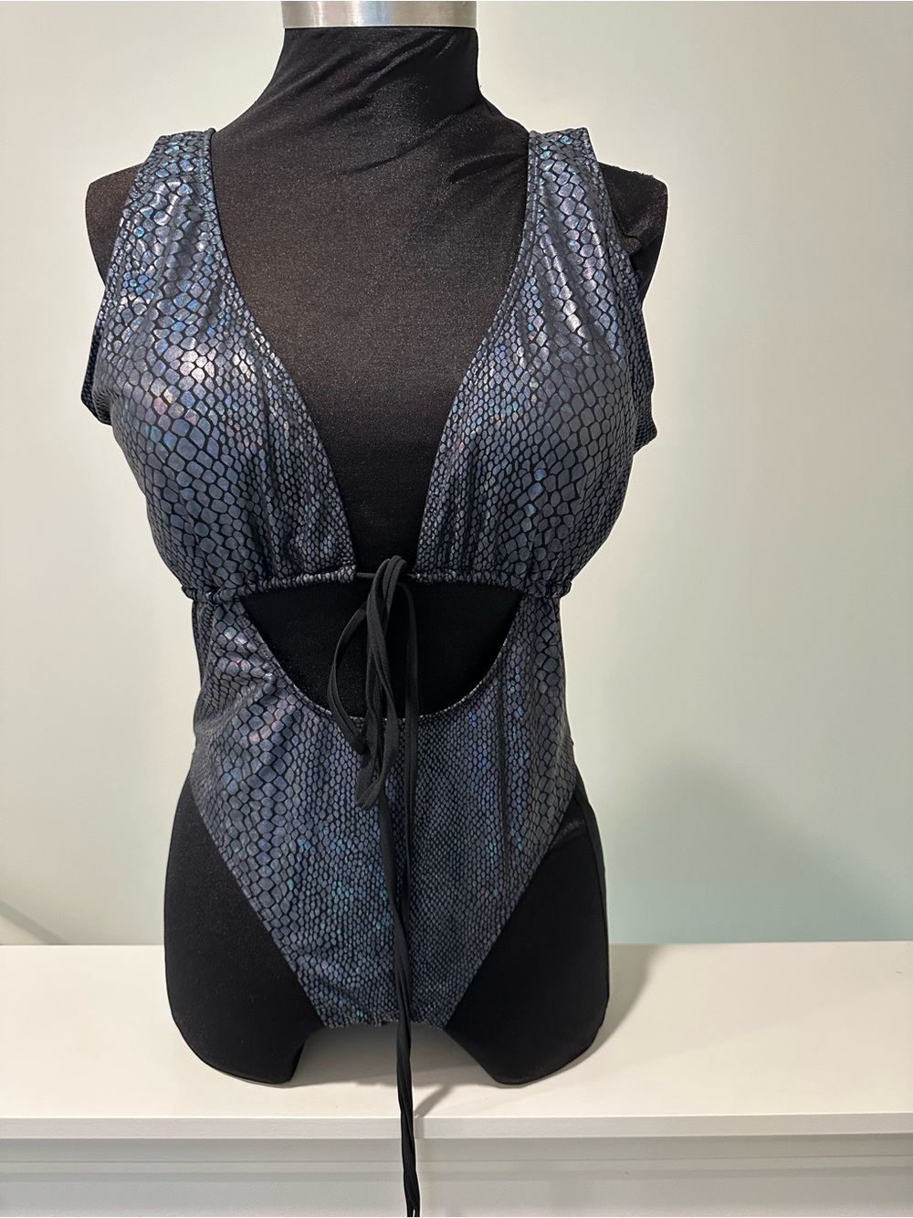 Metallic Snake-Print One-Piece Swim Suit - Black/Gray